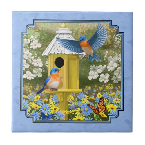 Bluebirds and Hexagon Birdhouse Blue Ceramic Tile