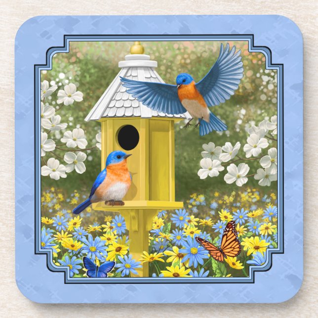 Bluebirds and Hexagon Birdhouse Blue Coaster (Front)