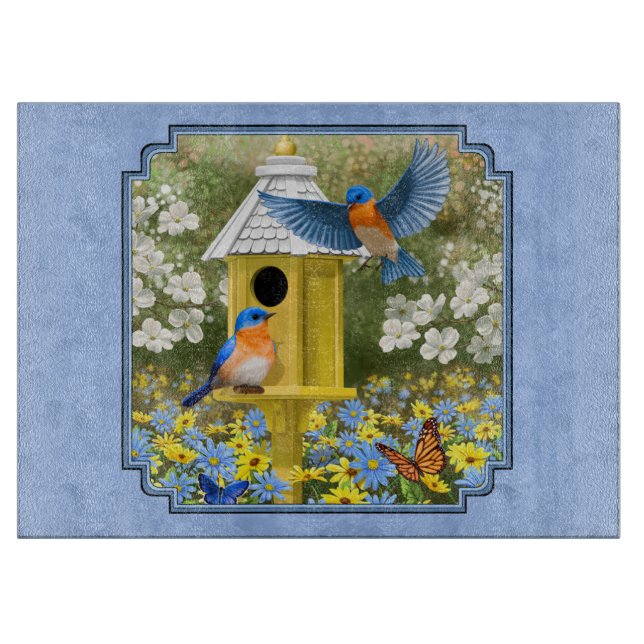 Bluebirds and Hexagon Birdhouse Blue Cutting Board (Front)