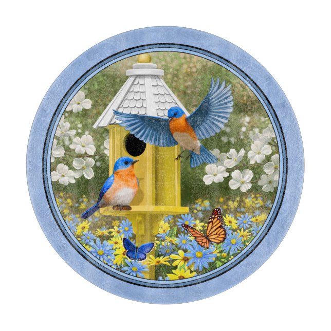 Bluebirds and Hexagon Birdhouse Blue Cutting Board (Front)