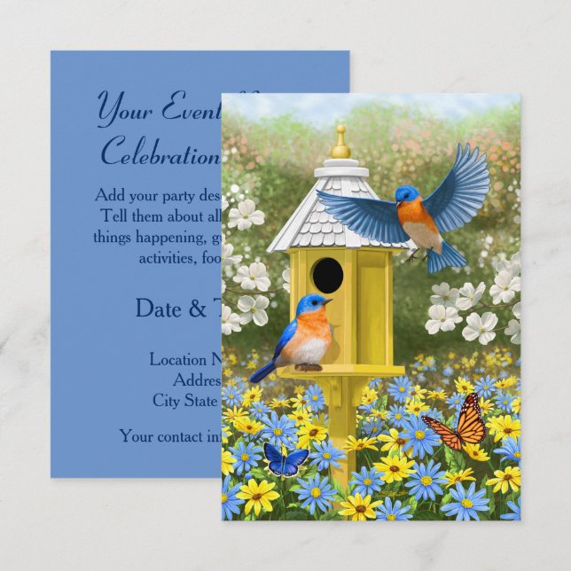 Bluebirds and Hexagon Birdhouse Blue Invitation (Front/Back)