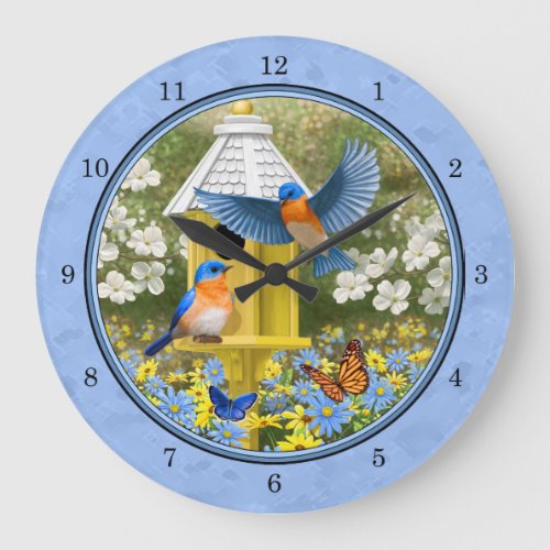 Bluebirds and Hexagon Birdhouse Blue Large Clock