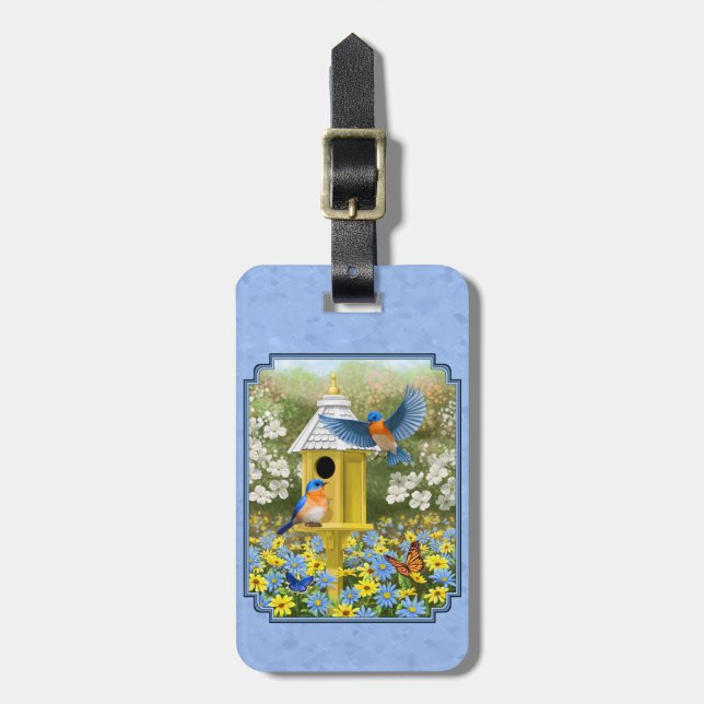 Bluebirds and Hexagon Birdhouse Blue Luggage Tag (Front Vertical)