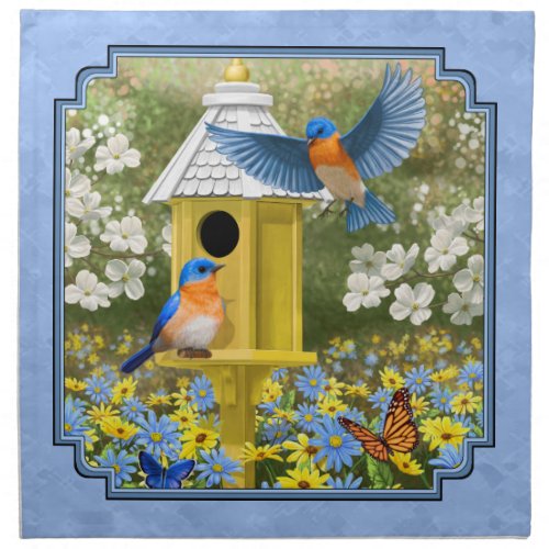 Bluebirds and Hexagon Birdhouse Blue Napkin
