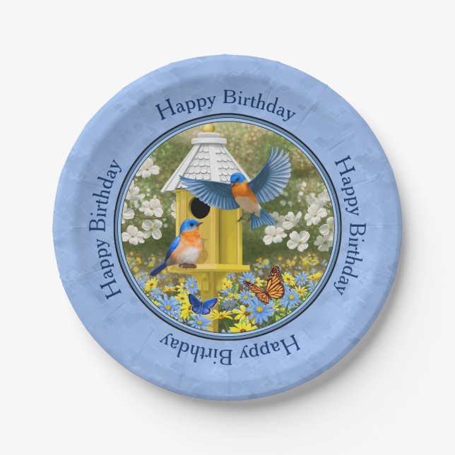 Bluebirds and Hexagon Birdhouse Blue Paper Plates (Front)