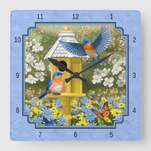 Bluebirds and Hexagon Birdhouse Blue Square Wall Clock