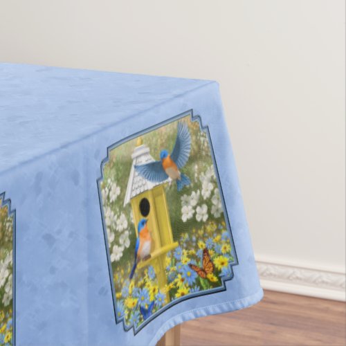 Bluebirds and Hexagon Birdhouse Blue Tablecloth