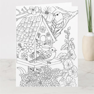 Bluebirds and Hollyhock Color-It-Yourself Card