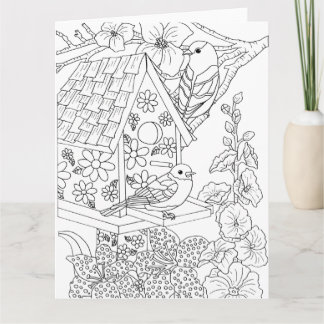 Bluebirds and Hollyhock Color-It-Yourself Card