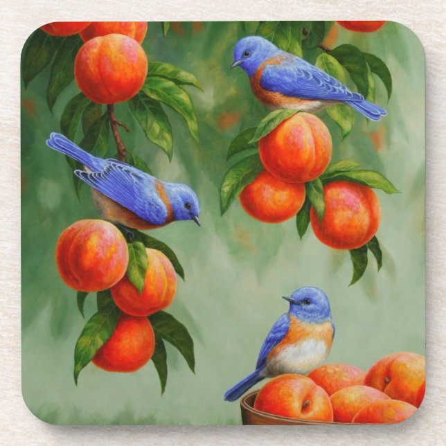 Bluebirds and Peach Tree Beverage Coaster (Front)