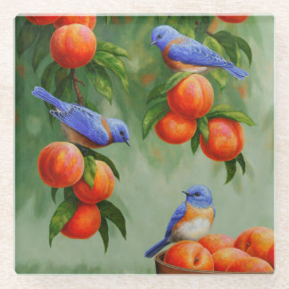 Bluebirds and Peach Tree Glass Coaster