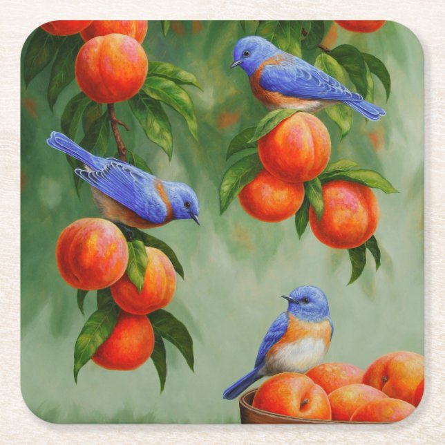 Bluebirds and Peach Tree Square Paper Coaster (Front)