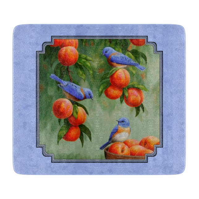 Bluebirds and Peaches Blue Cutting Board (Front)