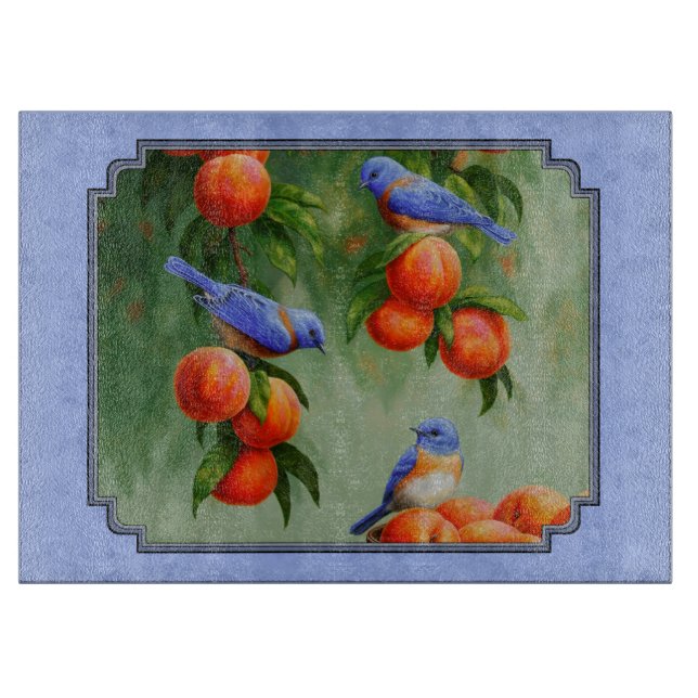 Bluebirds and Peaches Blue Cutting Board (Front)