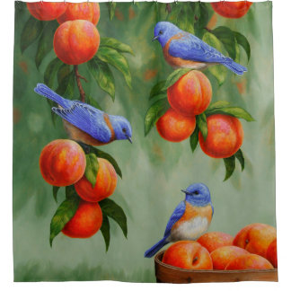 Bluebirds and Peaches Blue Shower Curtain