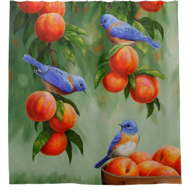Bluebirds and Peaches Blue Shower Curtain (Front)