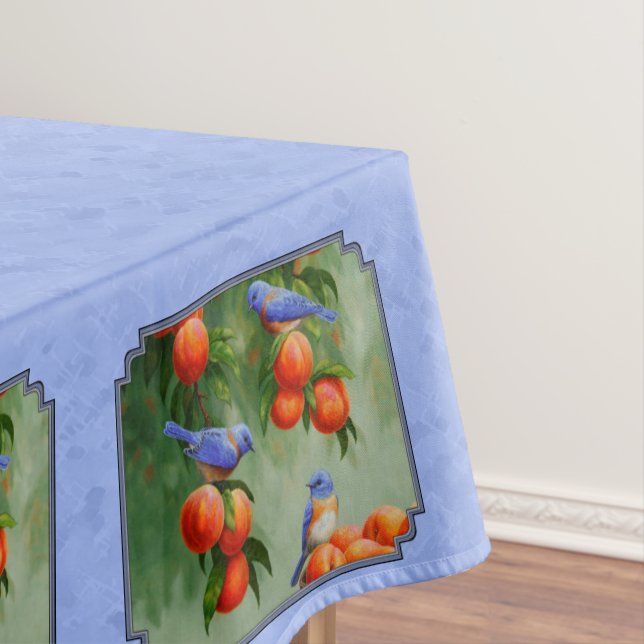 Bluebirds and Peaches Blue Tablecloth (In Situ)