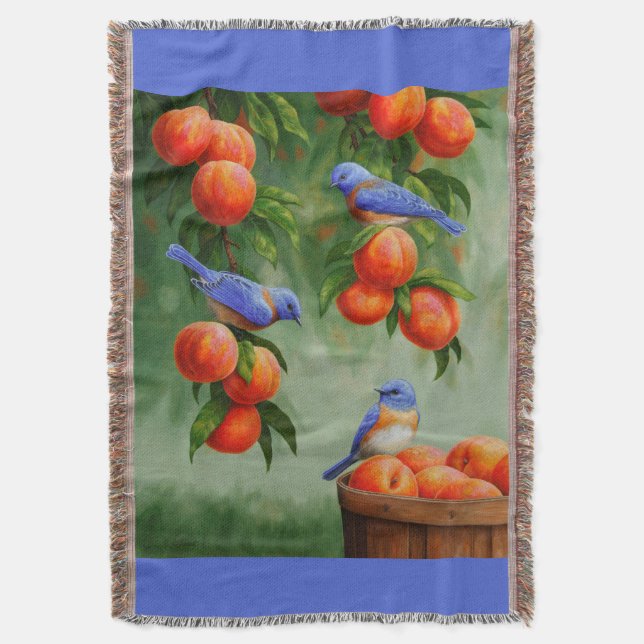 Bluebirds and Peaches Blue Throw Blanket (Front Vertical)