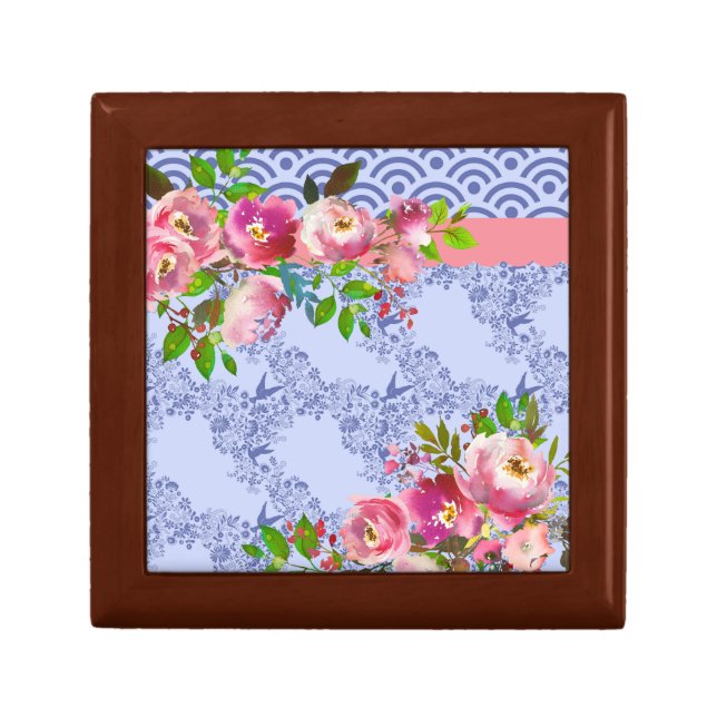 Bluebirds and Roses Romantic Victorian Blue Pink Gift Box (Front)