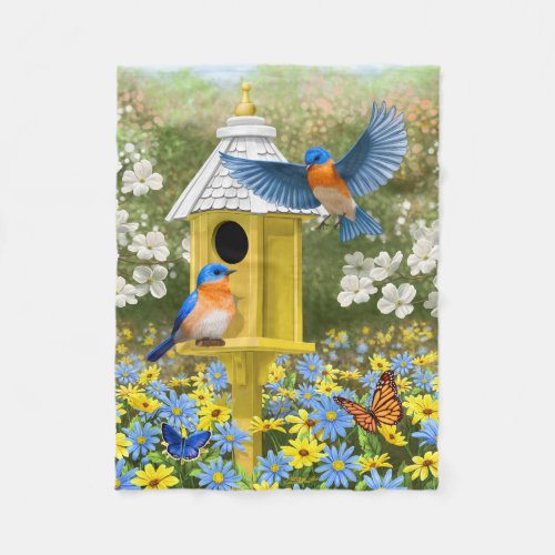 Bluebirds and Round Birdhouse Fleece Blanket