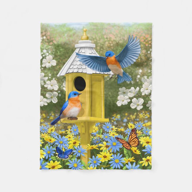 Bluebirds and Round Birdhouse Fleece Blanket (Front)