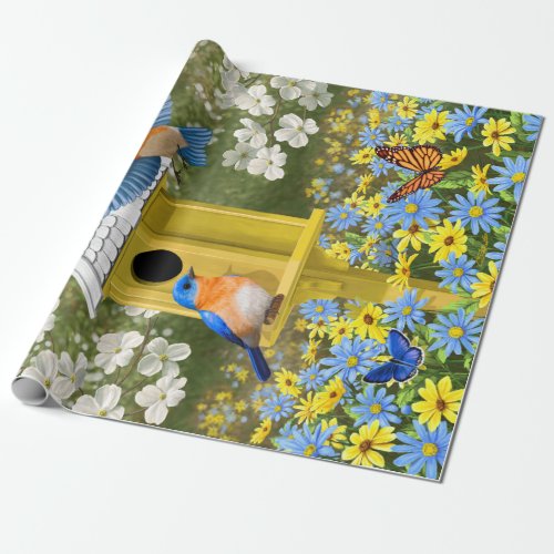 Bluebirds and Round Birdhouse Wrapping Paper