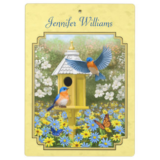 Bluebirds and Round Birdhouse Yellow Clipboard