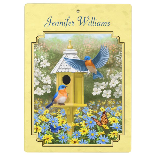 Bluebirds and Round Birdhouse Yellow Clipboard (Back)