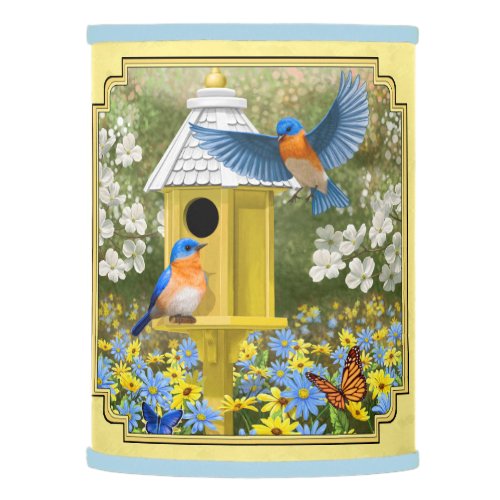 Bluebirds and Round Birdhouse Yellow Lamp Shade