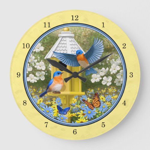 Bluebirds and Round Birdhouse Yellow Large Clock