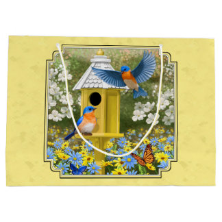 Bluebirds and Round Birdhouse Yellow Large Gift Bag