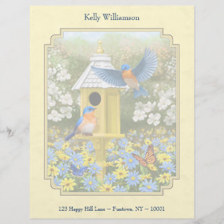 Bluebirds and Round Birdhouse Yellow Letterhead