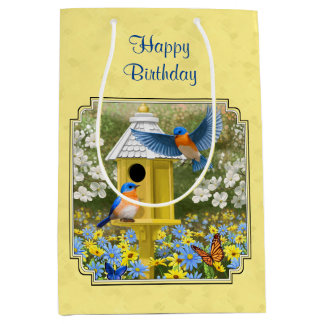 Bluebirds and Round Birdhouse Yellow Medium Gift Bag