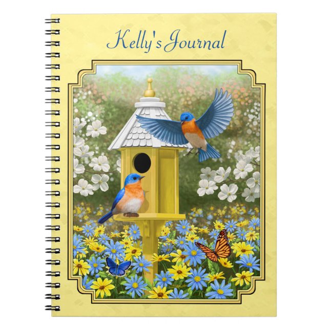 Bluebirds and Round Birdhouse Yellow Notebook (Front)