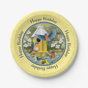 Bluebirds and Round Birdhouse Yellow Paper Plates