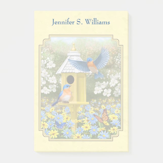 Bluebirds and Round Birdhouse Yellow Post-it Notes (Front)