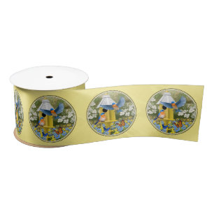 Bluebirds and Round Birdhouse Yellow Satin Ribbon