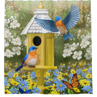 Bluebirds and Round Birdhouse Yellow Shower Curtain