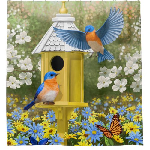 Bluebirds and Round Birdhouse Yellow Shower Curtain