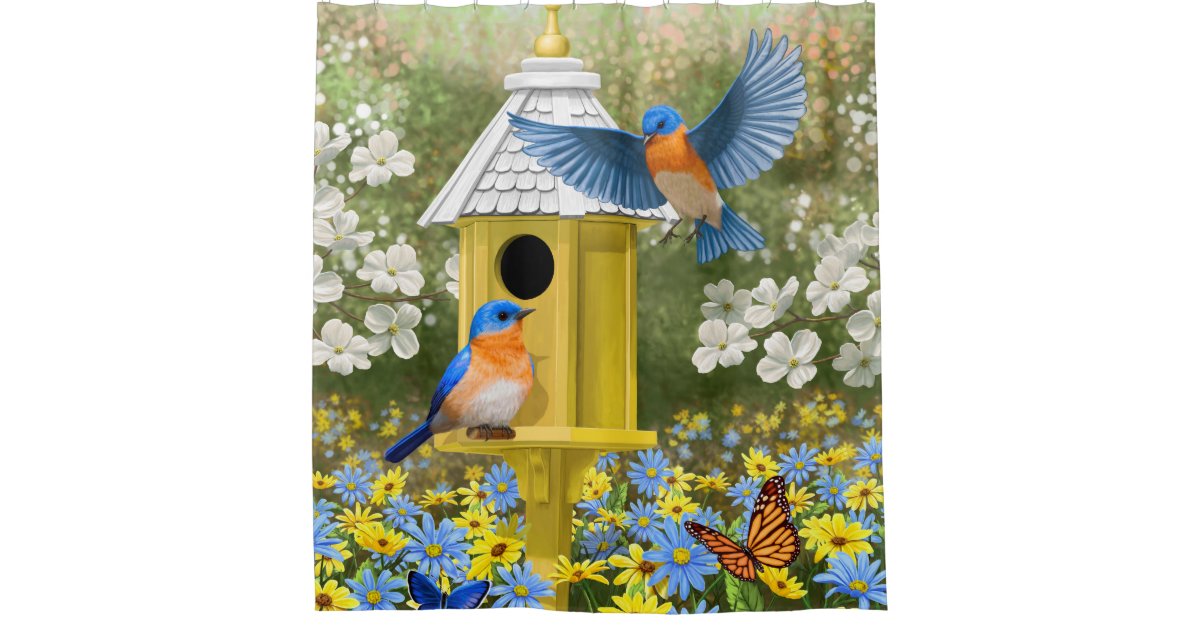 Bluebirds and Round Birdhouse Yellow Shower Curtain Zazzle