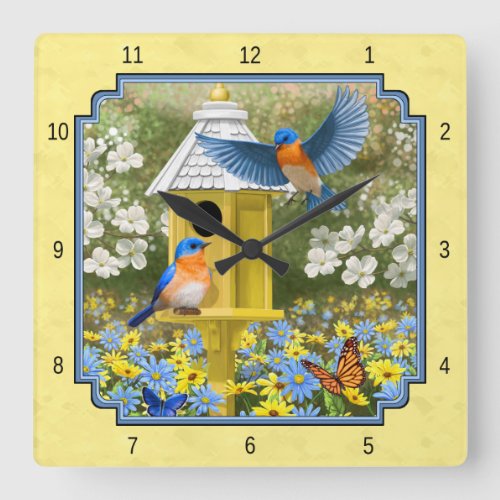 Bluebirds and Round Birdhouse Yellow Square Wall Clock