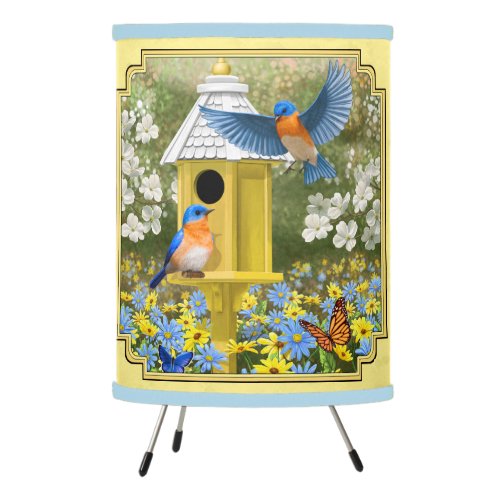 Bluebirds and Round Birdhouse Yellow Tripod Lamp