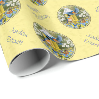 Bluebirds and Round Birdhouse Yellow Wrapping Paper