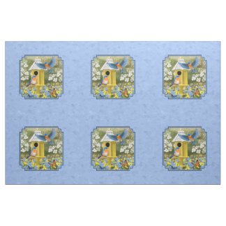 Bluebirds and Tall Birdhouse Blue Pillow Size Fabric