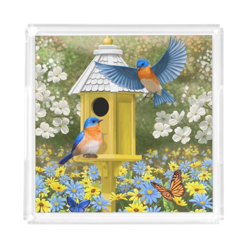 Bluebirds and Tall Yellow Birdhouse Acrylic Tray