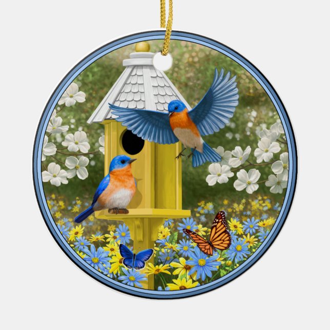 Bluebirds and Tall Yellow Birdhouse Ceramic Ornament (Front)