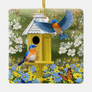 Bluebirds and Tall Yellow Birdhouse Ceramic Ornament