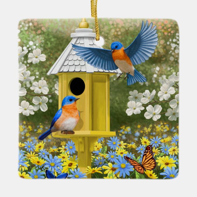 Bluebirds and Tall Yellow Birdhouse Ceramic Ornament (Front)
