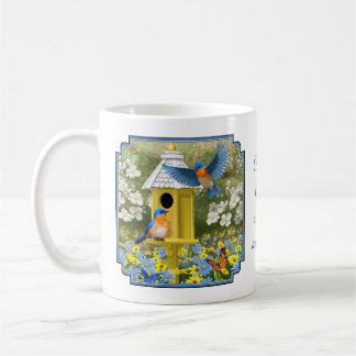 Bluebirds and Tall Yellow Birdhouse Coffee Mug