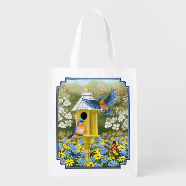 Bluebirds and Tall Yellow Birdhouse Grocery Bag (Front)